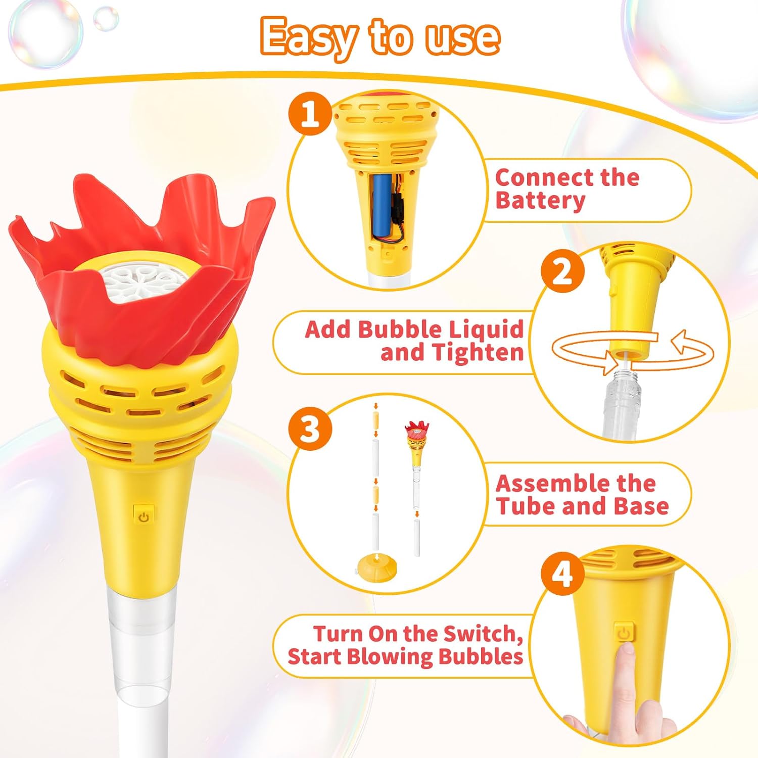 Torch Bubble Machine for Kids, Rechargable Bubble Maker Bubble Toys with Light, Outdoor Automatic Standing Height Adjustable Bubble Machine for Toddlers 1-3, Christmas Birthday Party Gifts