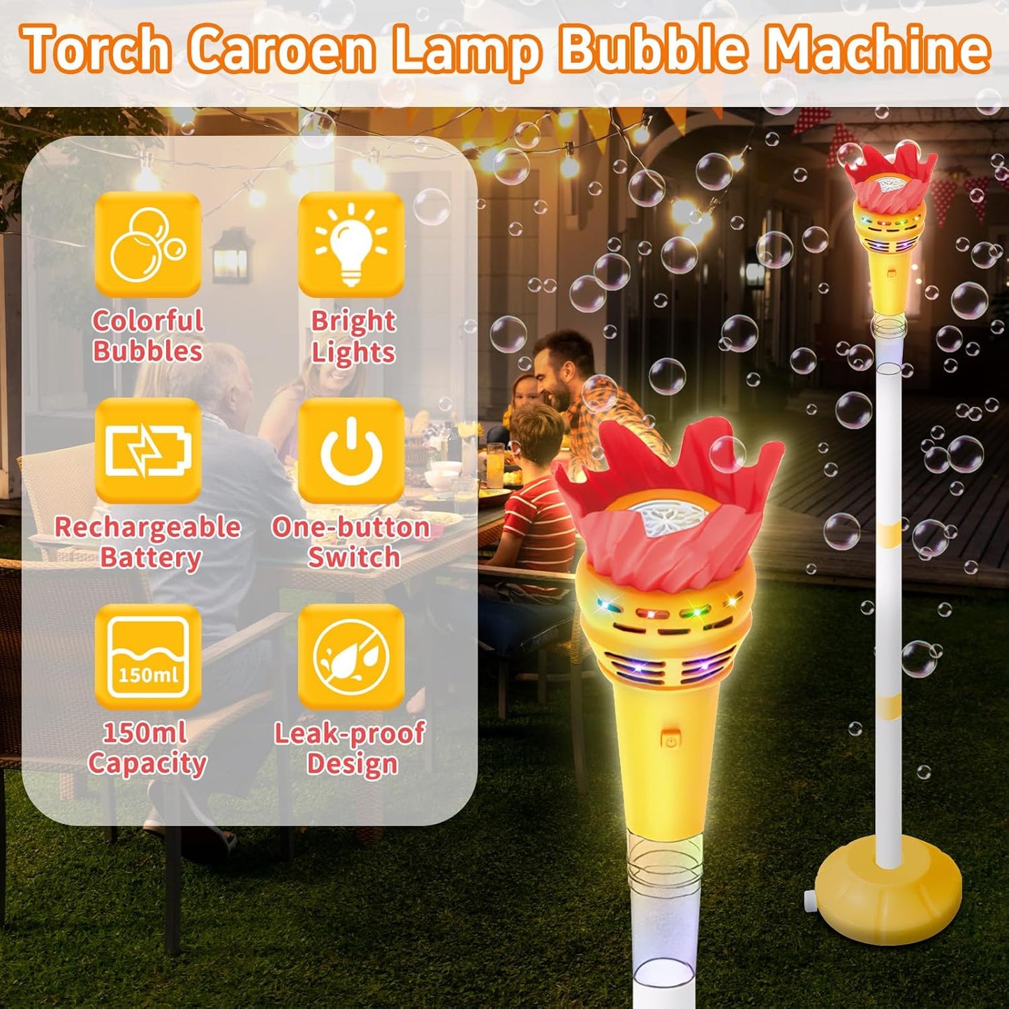 Torch Bubble Machine for Kids, Rechargable Bubble Maker Bubble Toys with Light, Outdoor Automatic Standing Height Adjustable Bubble Machine for Toddlers 1-3, Christmas Birthday Party Gifts